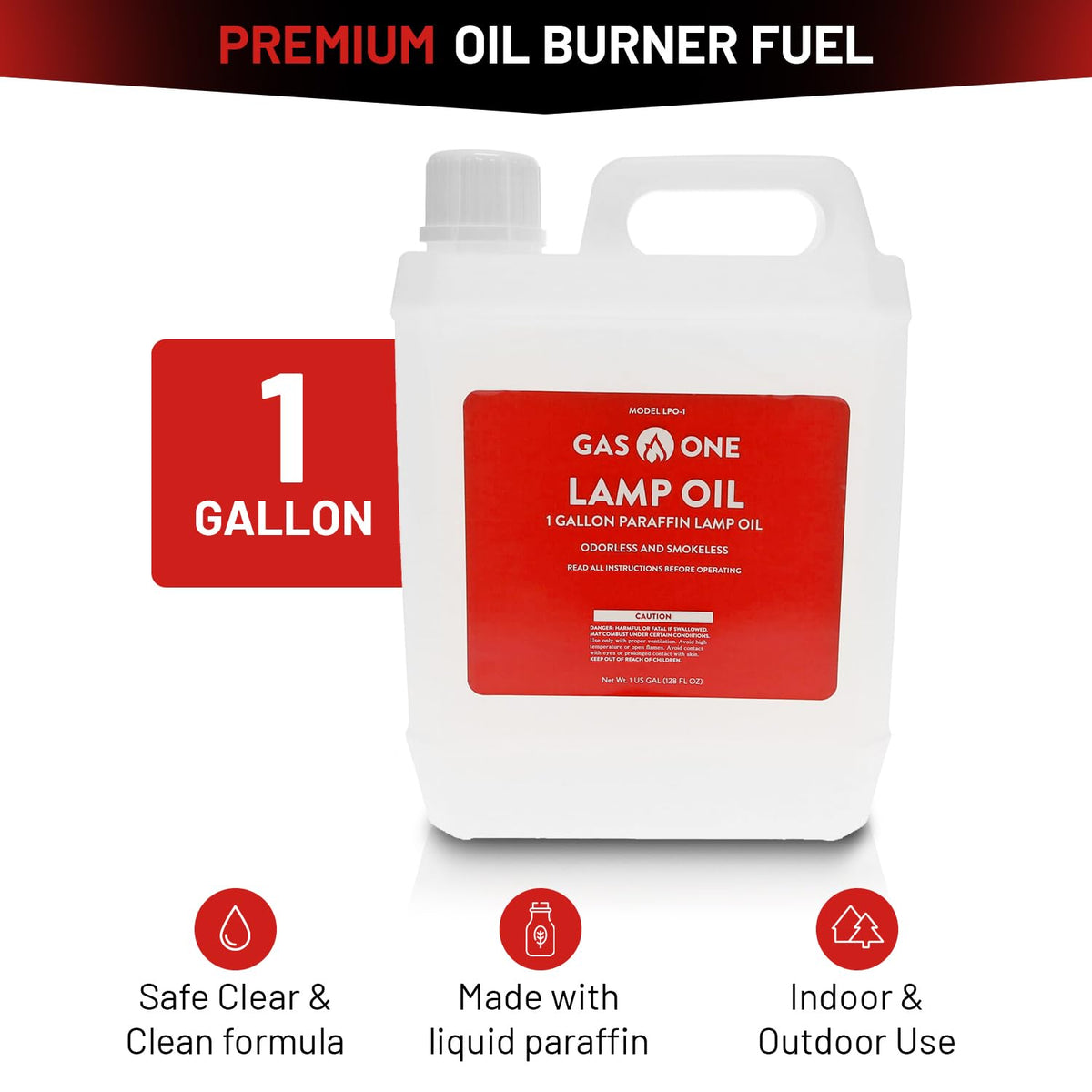 Gas One sealed cap 1-gallon container keeps lamp oil ready while preventing leaks.