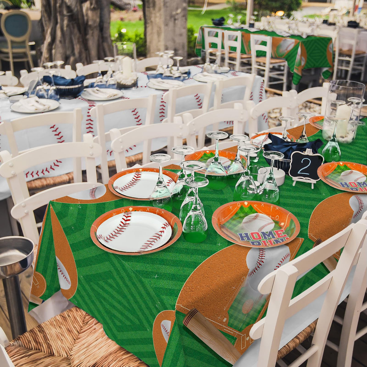Gatherfun baseball party setup image shows a complete celebration backdrop