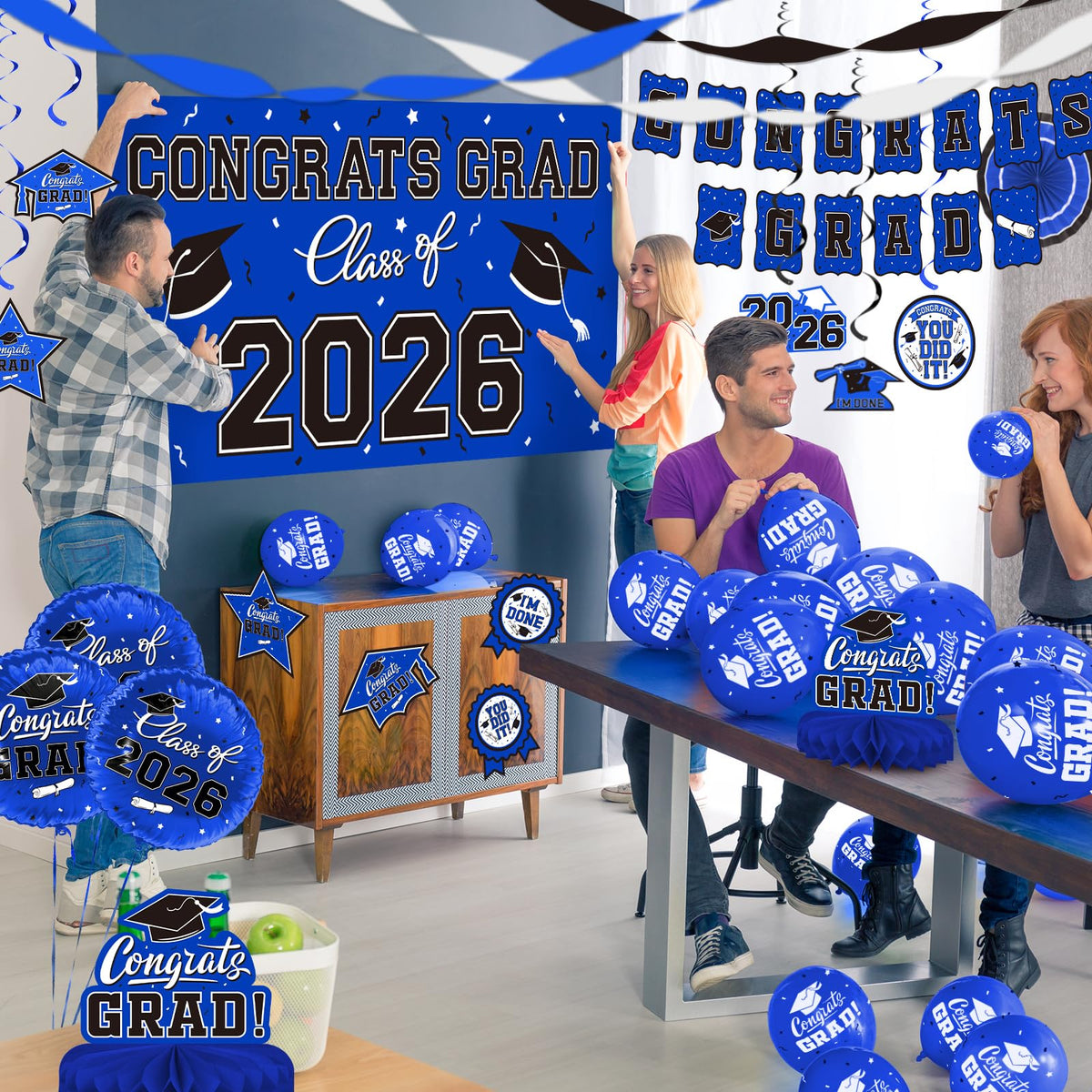Gatherfun blue white black streamers create versatile decor accents.