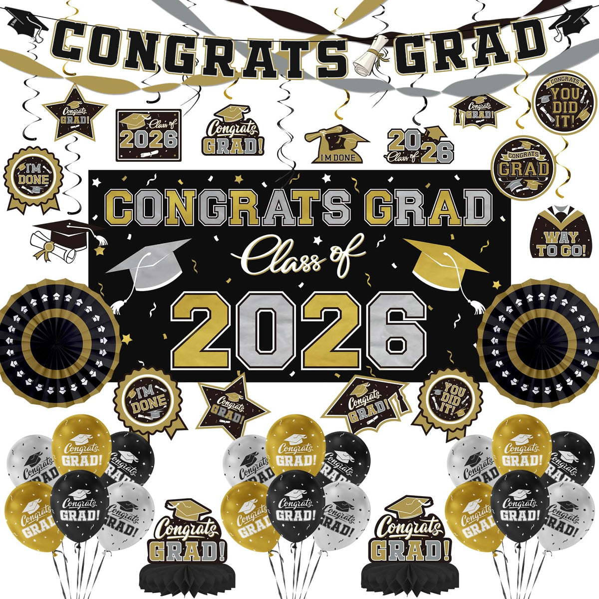 Gatherfun congrats grad balloons 2026 add festive black and gold flair to graduation celebrations.