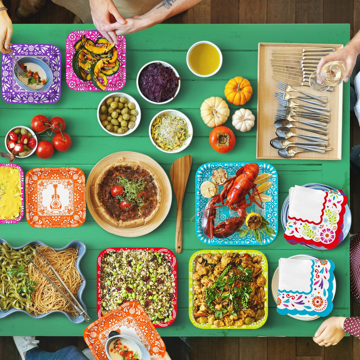 Gatherfun Fiesta Kit colorful border napkins brighten taco party tables.