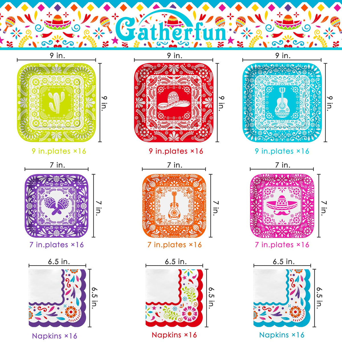 Gatherfun Fiesta Kit dessert plates showcasing three designs for festive treats.