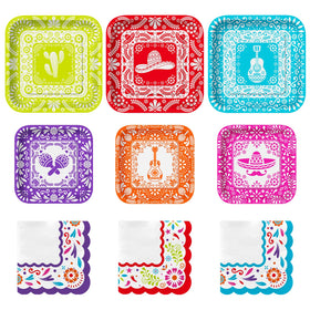 Gatherfun Fiesta Kit dinner plates with three designs for vibrant Cinco de Mayo tables.