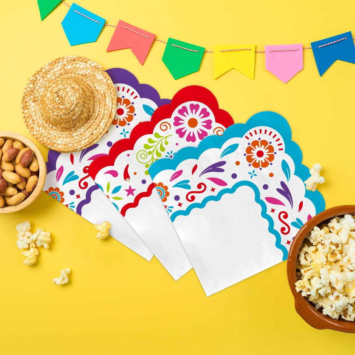 Gatherfun Fiesta Kit 3-ply napkins with color border add lively party flair.