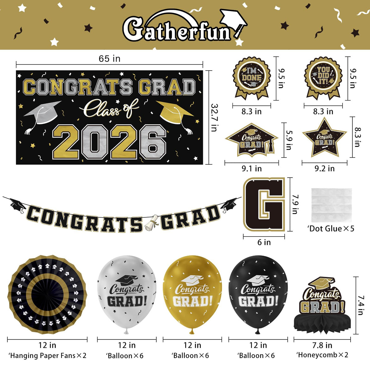 Gatherfun gold and black streamers create a glamorous backdrop for photos and party decor.