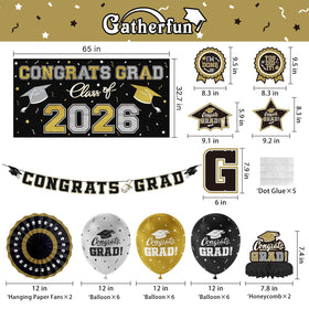 Gatherfun gold and black streamers create a glamorous backdrop for photos and party decor.