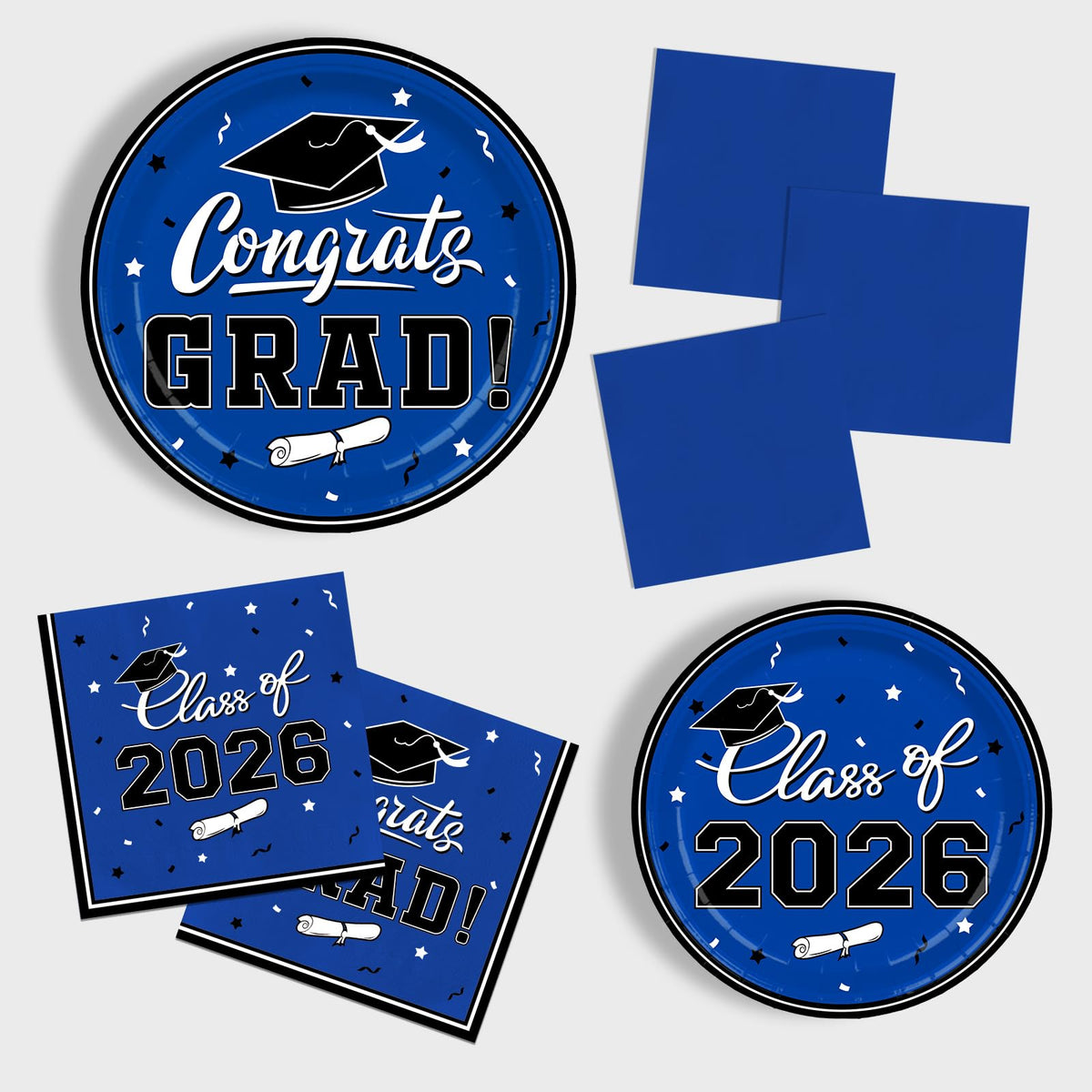 Gatherfun graduation blue cocktail napkins displayed with plates for convenient serving and cleanup.