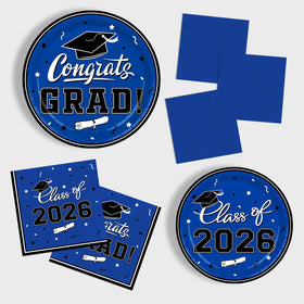 Gatherfun graduation blue cocktail napkins displayed with plates for convenient serving and cleanup.