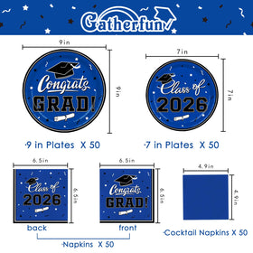 Gatherfun graduation blue dessert plates arranged with napkins for coordinated party decor.
