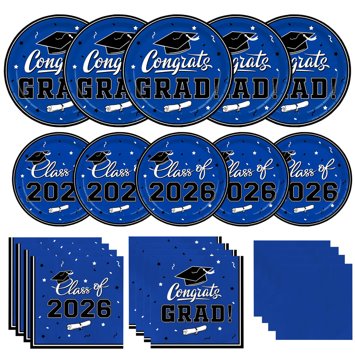 Gatherfun graduation blue dinner plates in a festive table setup for quick cleanup.