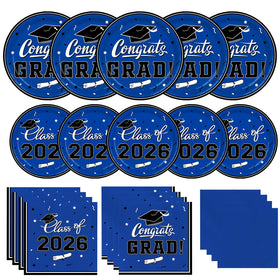 Gatherfun graduation blue dinner plates in a festive table setup for quick cleanup.