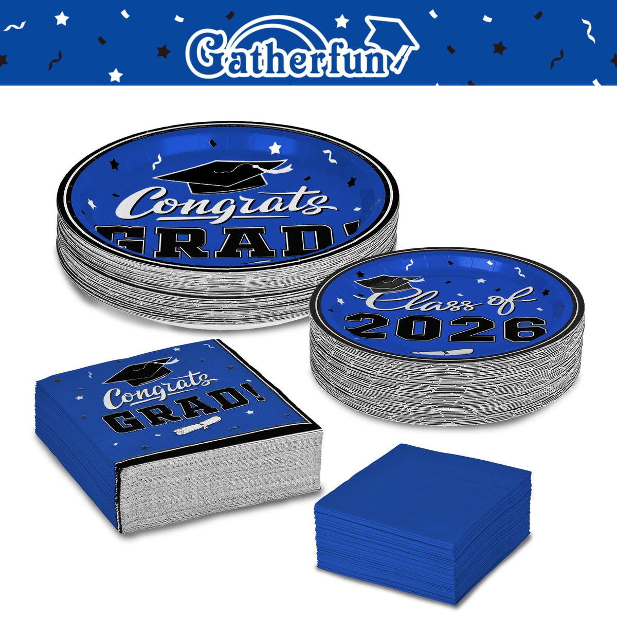 Gatherfun graduation blue luncheon napkins shown on a table for easy wiping and absorbency.