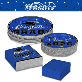 Gatherfun graduation blue luncheon napkins shown on a table for easy wiping and absorbency.
