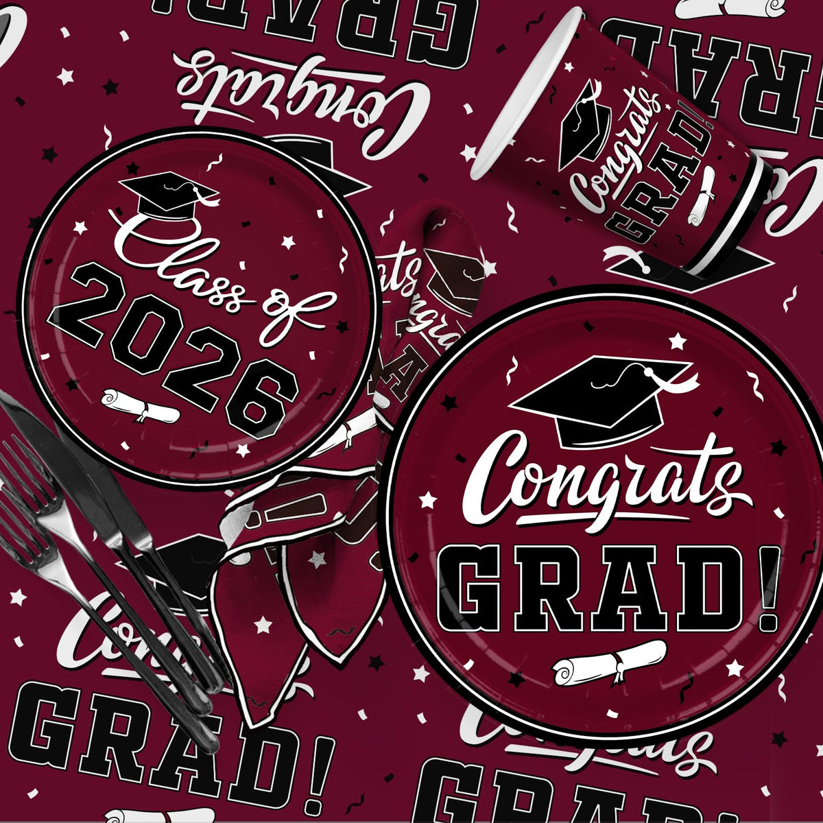 Gatherfun graduation decor kit completes the maroon theme with cohesive styling.
