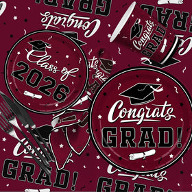 Gatherfun graduation decor kit completes the maroon theme with cohesive styling.