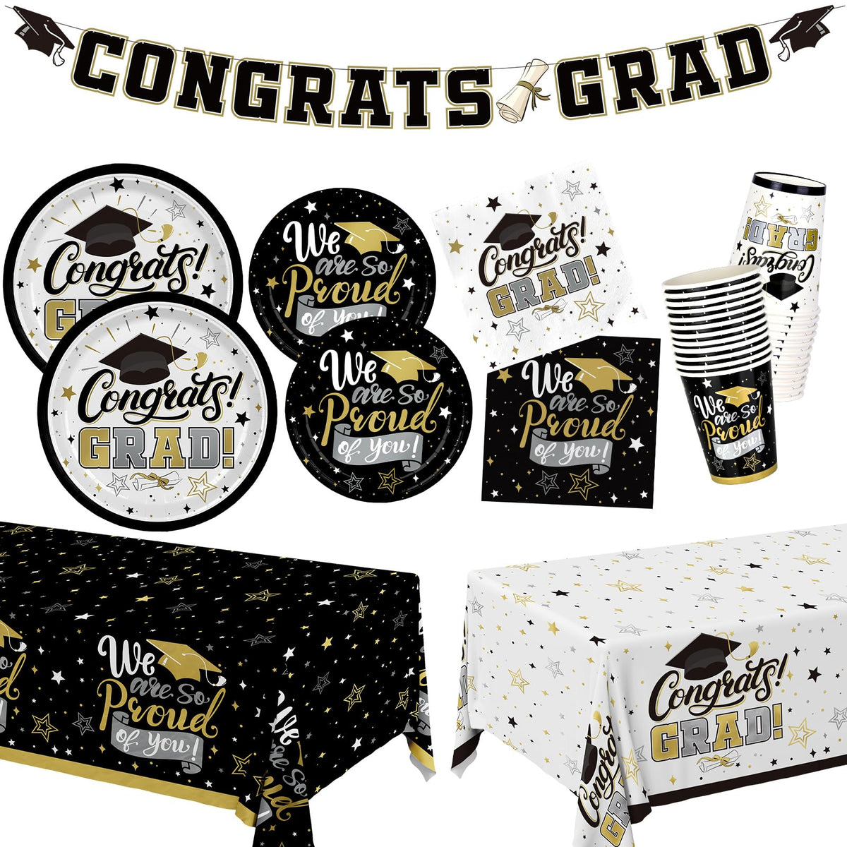 Gatherfun graduation decorations 2026 pack shows coordinated black and gold accents for a stylish milestone celebration