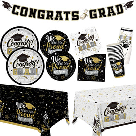 Gatherfun graduation decorations 2026 pack shows coordinated black and gold accents for a stylish milestone celebration