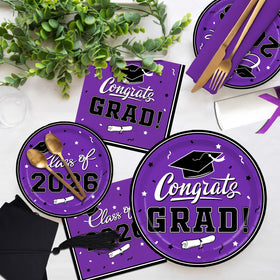 Gatherfun graduation party decor in purple palette enhances the theme