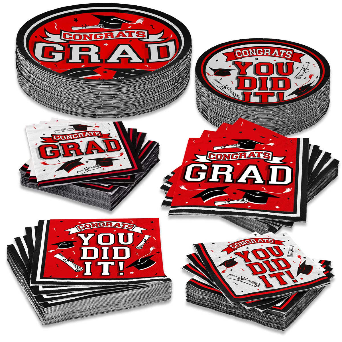 Gatherfun graduation party scene showcasing coordinated red tableware for a festive celebration