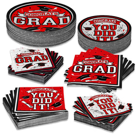 Gatherfun graduation party scene showcasing coordinated red tableware for a festive celebration