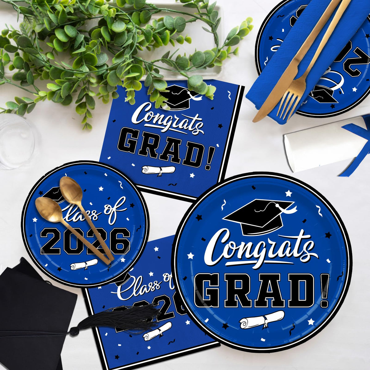 Gatherfun graduation party table setup showcasing coordinated blue pieces for a cohesive celebration.
