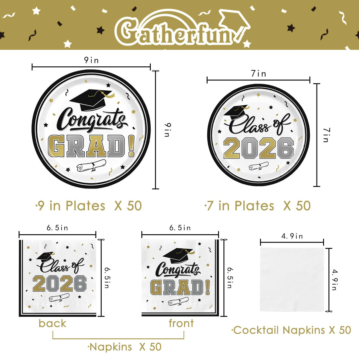 Gatherfun graduation dessert plates in white and gold, perfect for sweet treats at celebrations