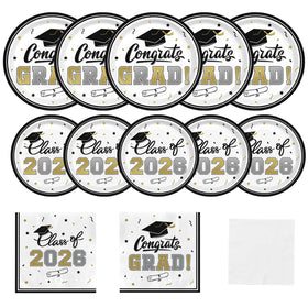 Gatherfun graduation dinner plates in white and gold for a chic Class of 2026 party tablescape