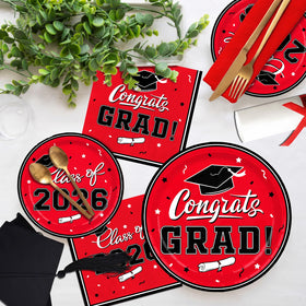 Gatherfun graduation red dinner plates enhance the dining table setup.