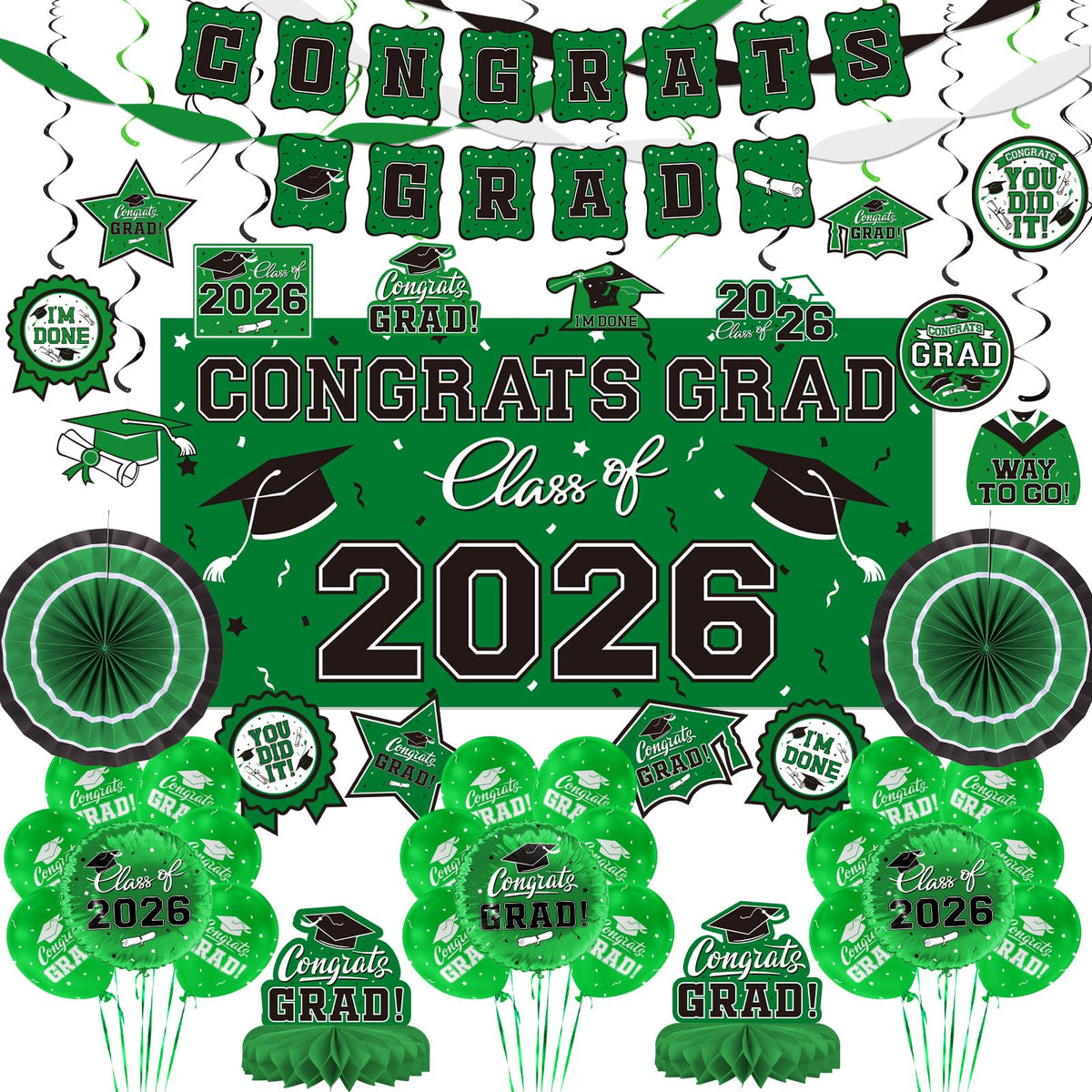 Gatherfun green Congrats Grad banner backdrop adds festive drama to the graduation party.