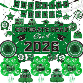 Gatherfun green Congrats Grad banner backdrop adds festive drama to the graduation party.