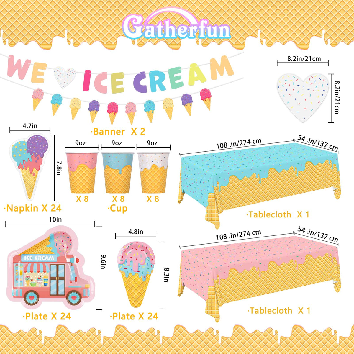 Gatherfun ice cream dinner plates show 10-inch size for sturdy party meals.