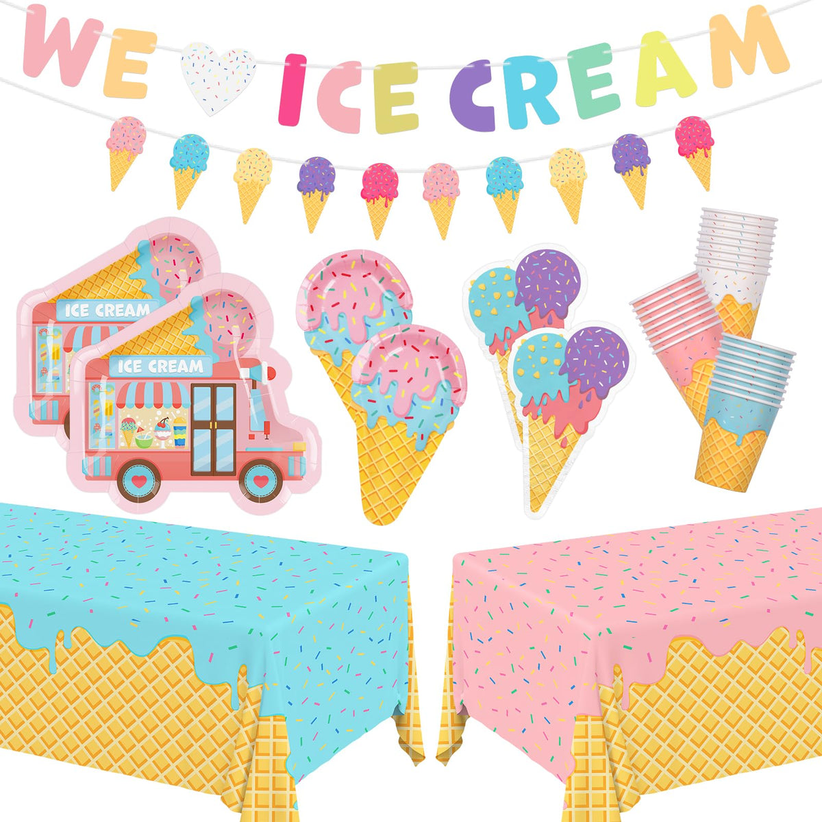 Gatherfun Ice Cream Party Kit overview with complete tableware for a hassle-free celebration.