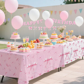 Gatherfun Pink Bow Tablecloths protect surfaces while elevating table aesthetics for gatherings