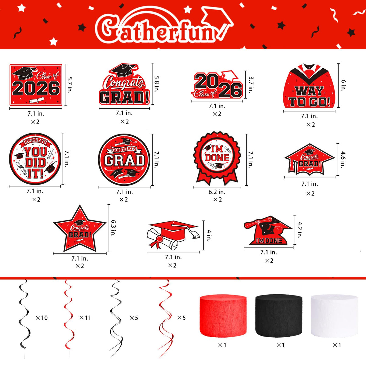 Gatherfun red foil swirls create dynamic ceiling decoration.