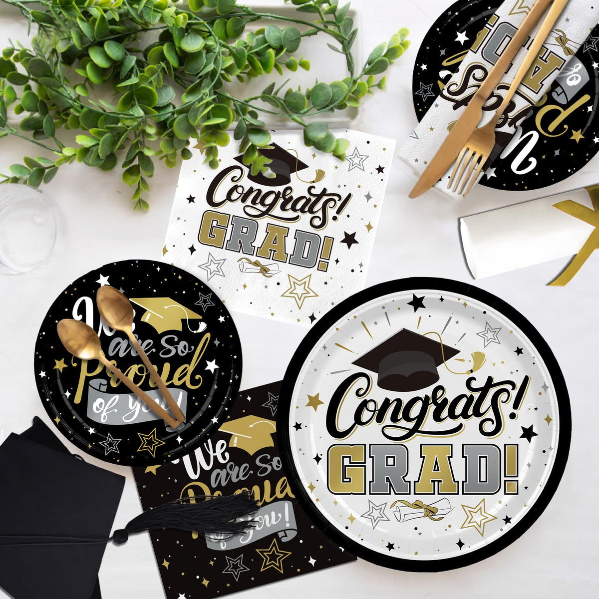 Gatherfun disposable tablecloths create quick ambiance with bold black-gold contrast
