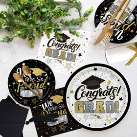 Gatherfun disposable tablecloths create quick ambiance with bold black-gold contrast