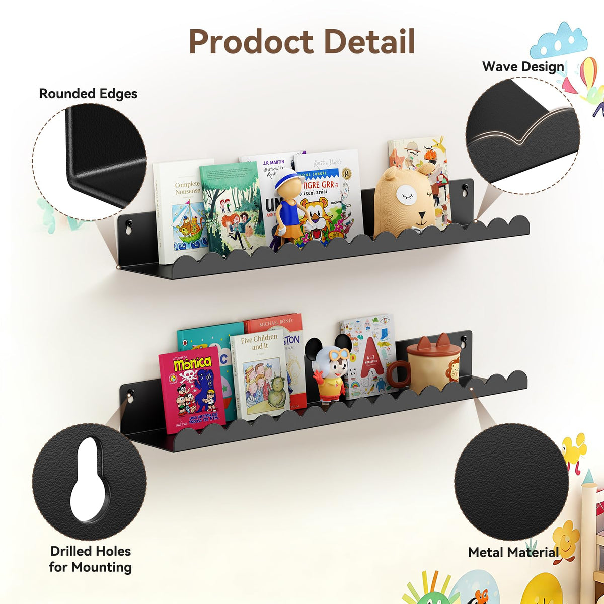 Gattlukd scalloped-edge shelves add subtle style to any room.