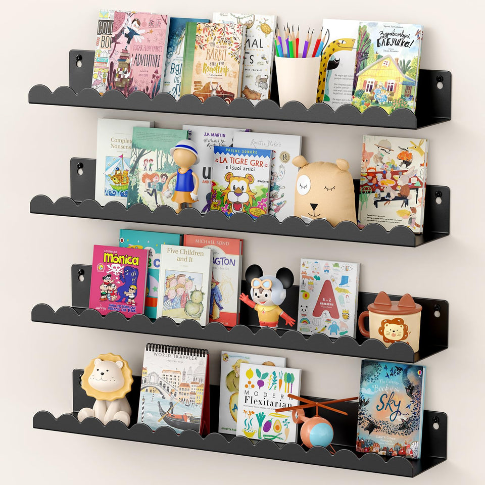 Gattlukd 23-inch wall-mounted floating shelf displays books and decor with durable metal finish.