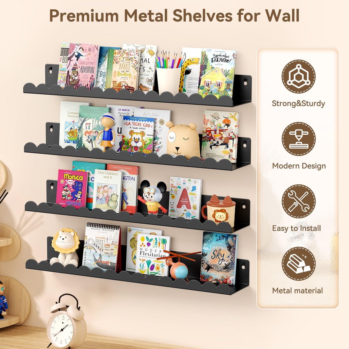 Gattlukd black wall-mounted shelves for kids' room showcase photos and plush toys.