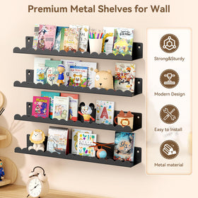 Gattlukd black wall-mounted shelves for kids' room showcase photos and plush toys.