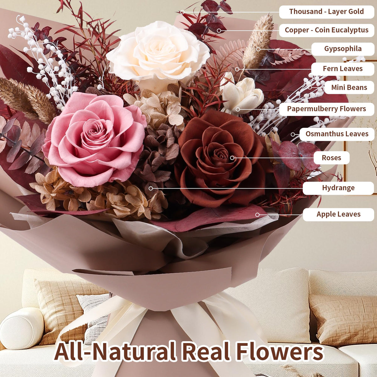 Gcchobv preserved in vase caramel shown as year-round centerpiece