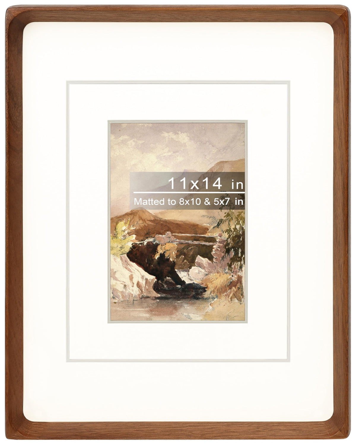 Gdfmsc 11x14 frame with mat front view shows natural walnut and clear glass.