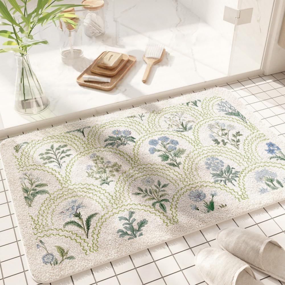 gdmgdr Spring Floral Bathroom Rug 32x20 in green; plush microfiber underfoot.