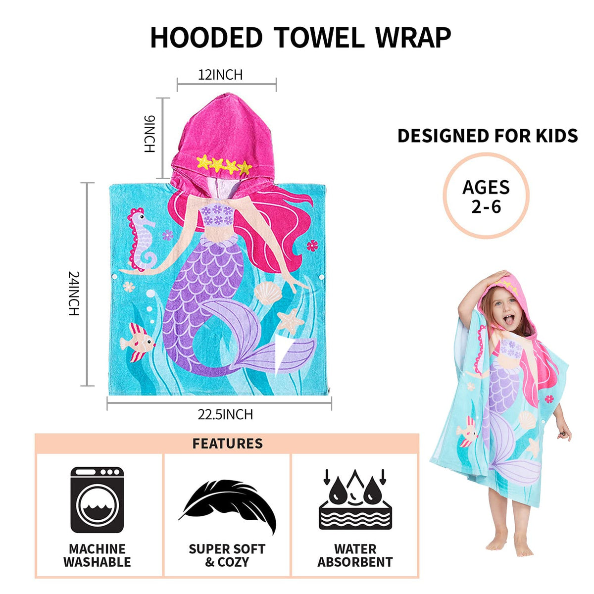 Gealaek hooded towel with fade-resistant color through many washes.