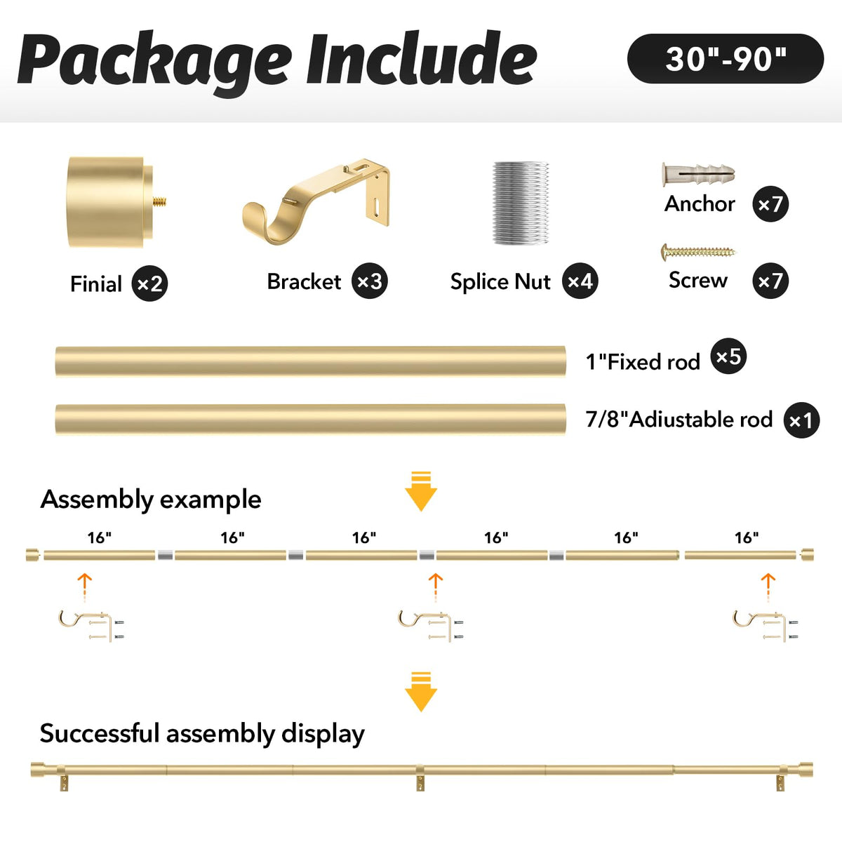 GEEBOBO gold curtain rod package with all hardware included