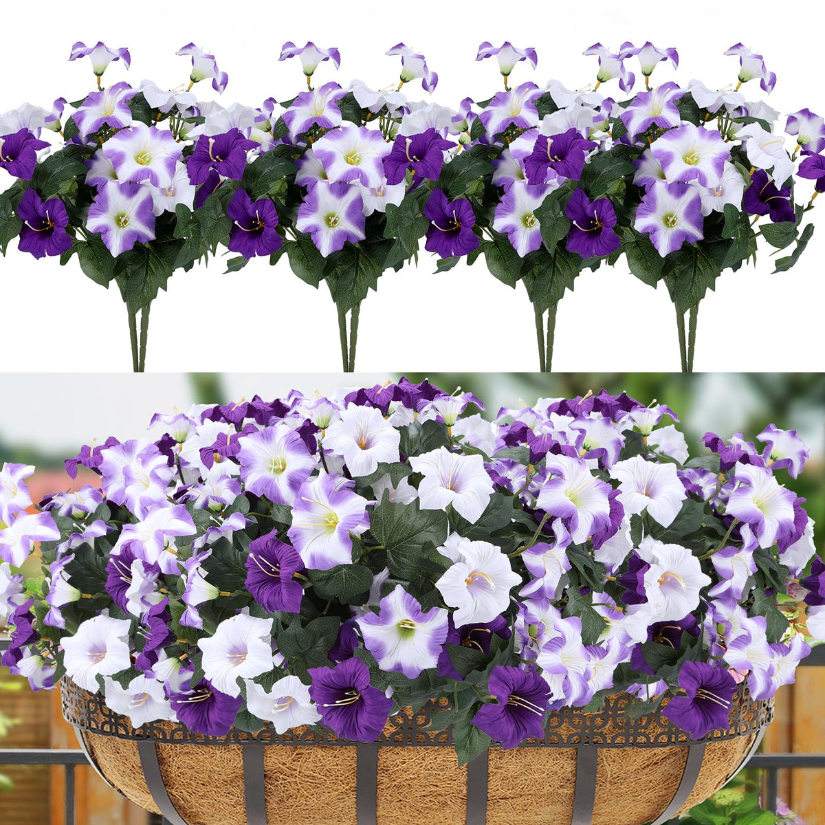 Geegoods outdoor artificial petunias compact bouquet in sunlight for porch decor