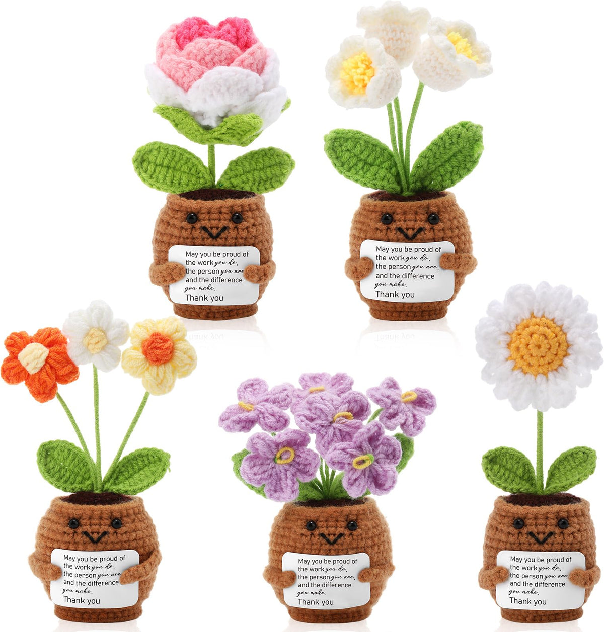 Geelin six-piece crochet flower pots with cards brighten desks and offices