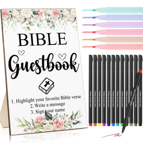 Geelin Bible guestbook sign on a wooden stand, ideal for weddings.