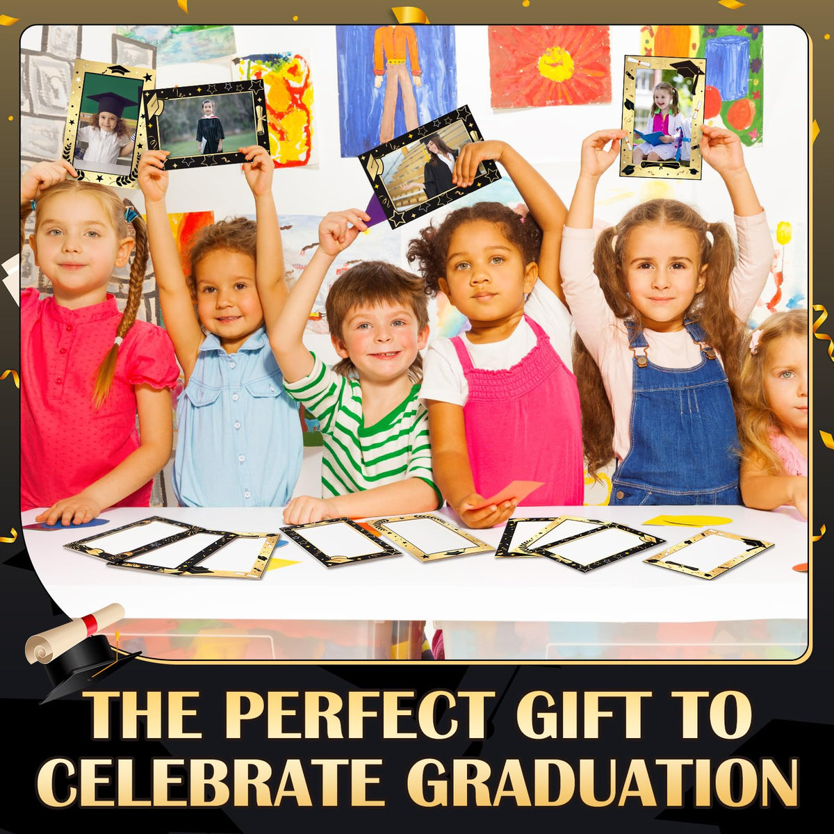 Geelin black and gold frames add celebratory flair to photos and cards