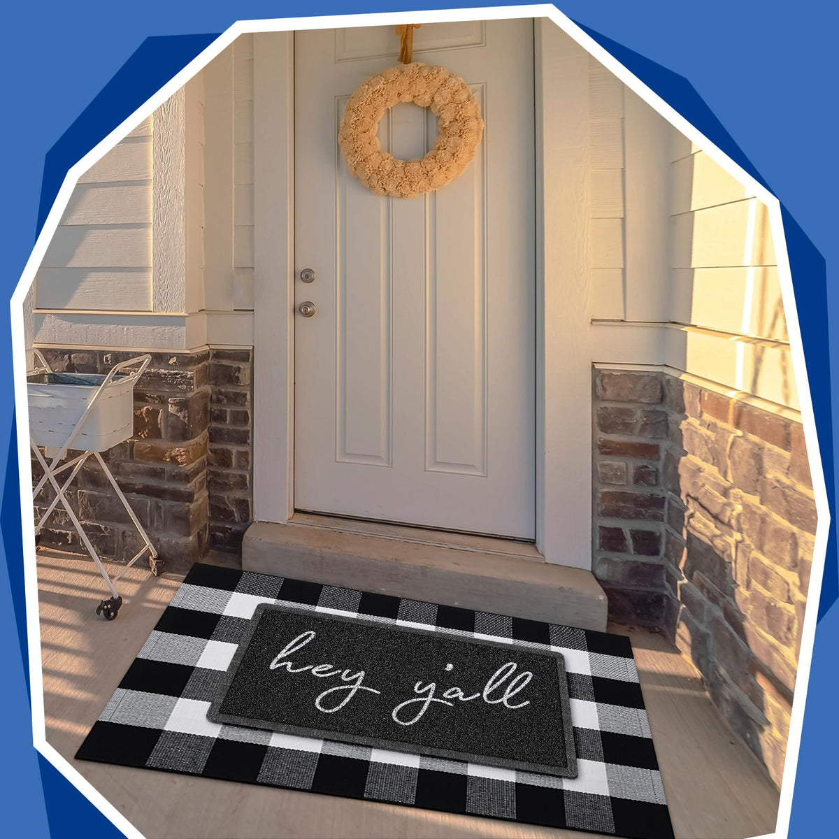 Geelin buffalo checkered rug—sturdy layered entryway decor for front porch.